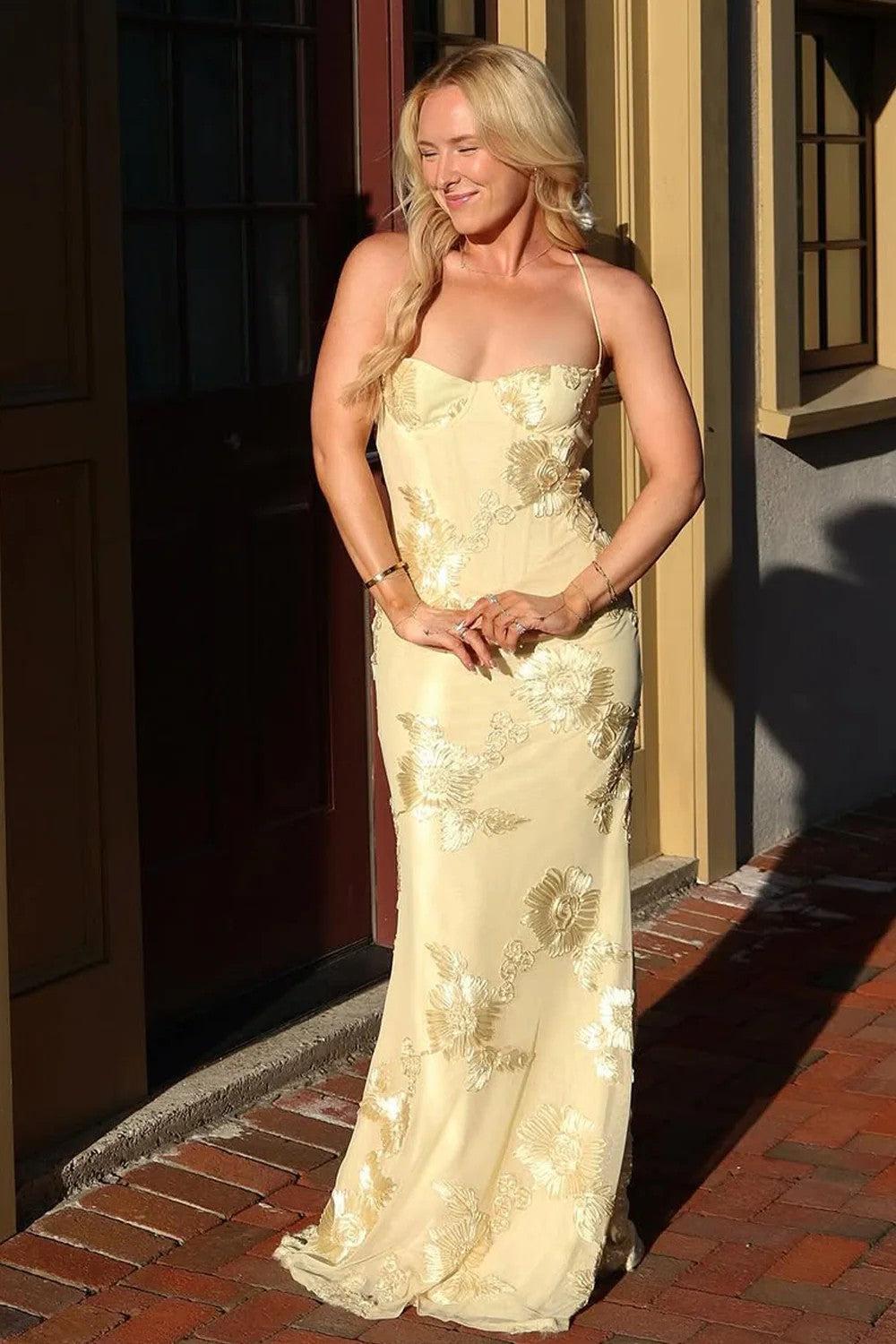 Gorgeous Mermaid Spaghetti Straps Yellow Long Prom Dress With Embroidery Formal Evening Gown