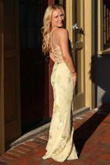 Gorgeous Mermaid Spaghetti Straps Yellow Long Prom Dress With Embroidery Formal Evening Gown