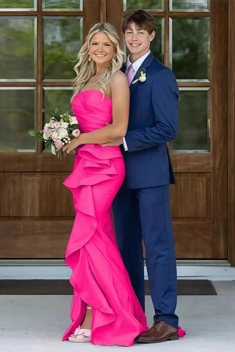 Gorgeous Mermaid Strapless Pink Long Prom Dress With Split Front Ruched Formal Evening Gown