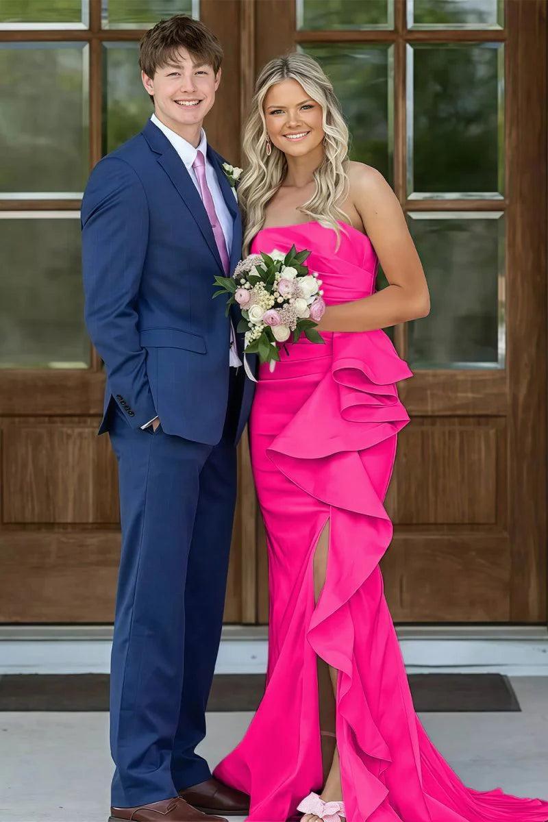 Gorgeous Mermaid Strapless Pink Long Prom Dress With Split Front Ruched Formal Evening Gown