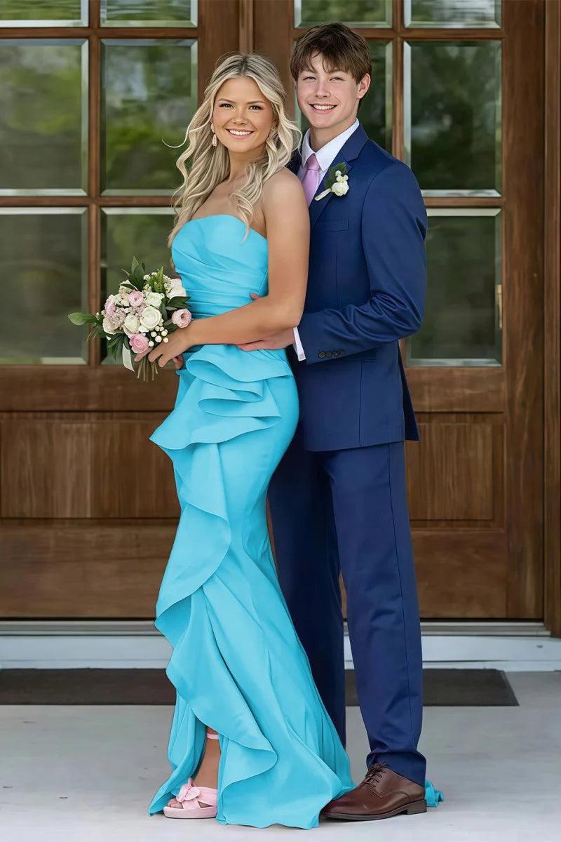 Gorgeous Mermaid Strapless Pink Long Prom Dress With Split Front Ruched Formal Evening Gown