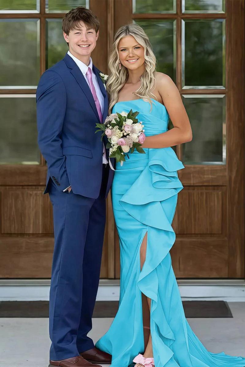 Gorgeous Mermaid Strapless Pink Long Prom Dress With Split Front Ruched Formal Evening Gown