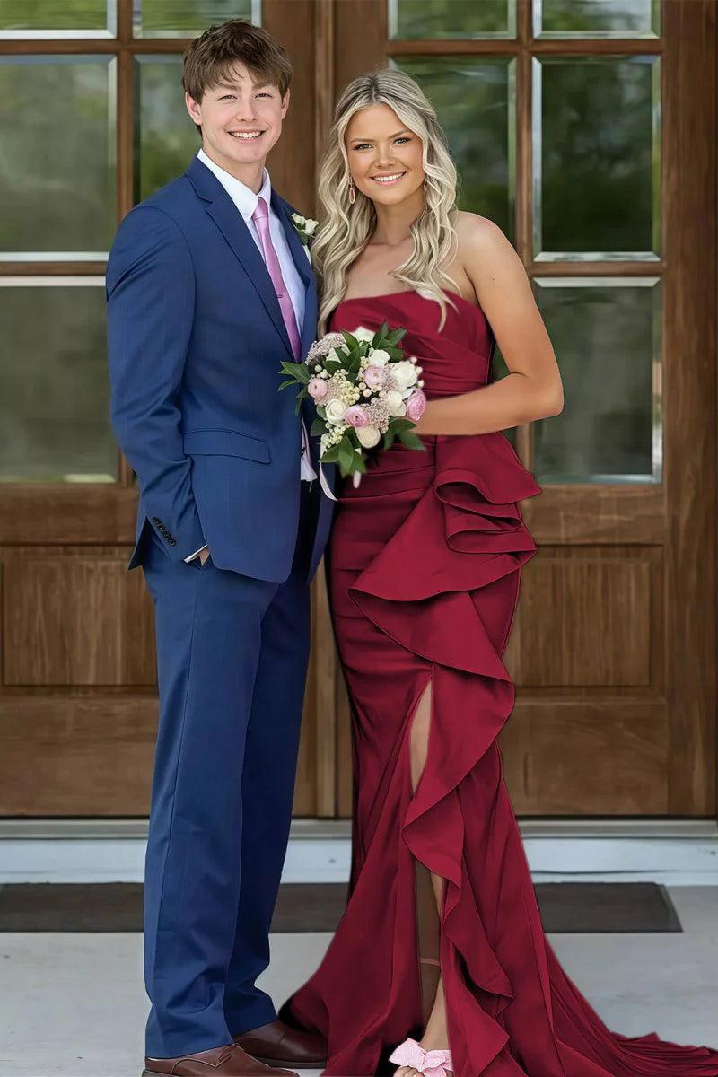 Gorgeous Mermaid Strapless Pink Long Prom Dress With Split Front Ruched Formal Evening Gown