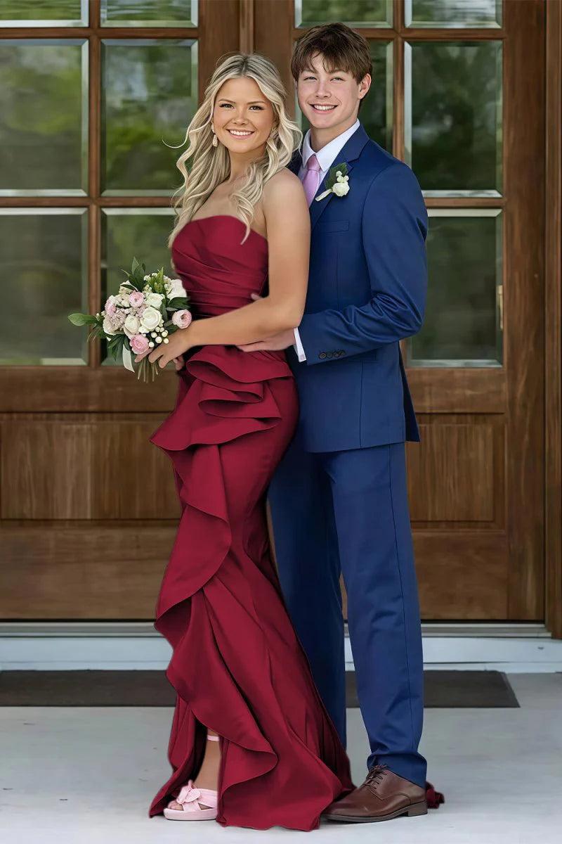 Gorgeous Mermaid Strapless Pink Long Prom Dress With Split Front Ruched Formal Evening Gown