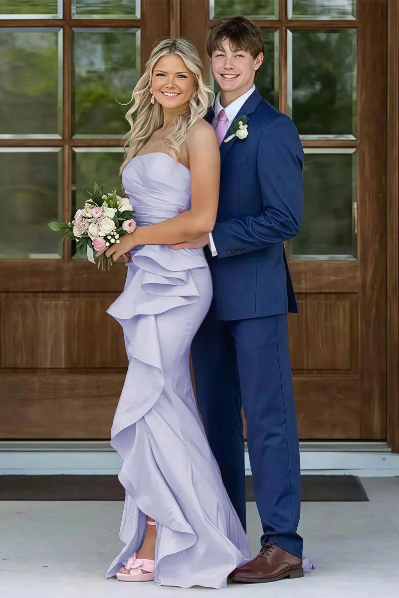 Gorgeous Mermaid Strapless Pink Long Prom Dress With Split Front Ruched Formal Evening Gown