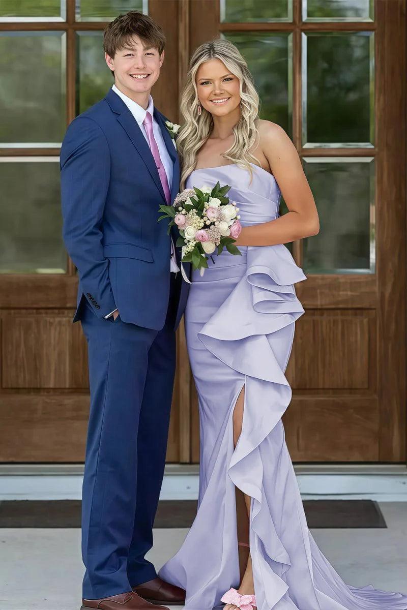 Gorgeous Mermaid Strapless Pink Long Prom Dress With Split Front Ruched Formal Evening Gown