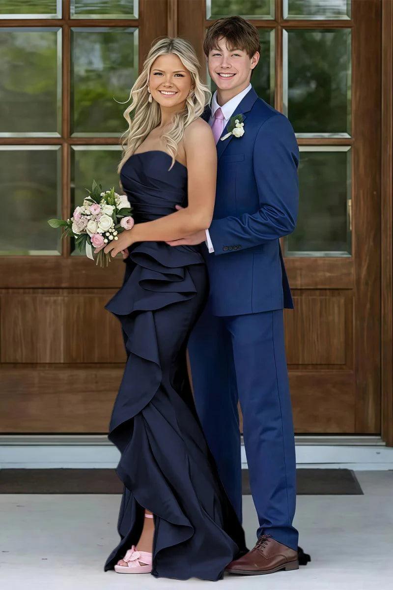 Gorgeous Mermaid Strapless Pink Long Prom Dress With Split Front Ruched Formal Evening Gown