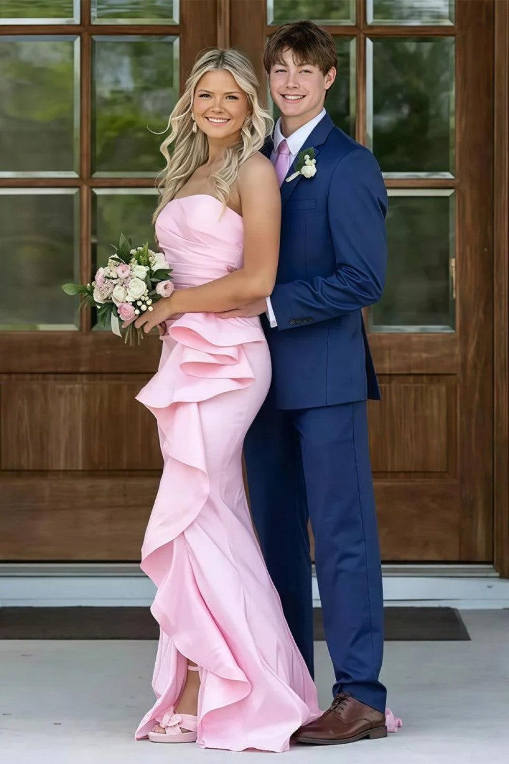 Gorgeous Mermaid Strapless Pink Long Prom Dress With Split Front Ruched Formal Evening Gown