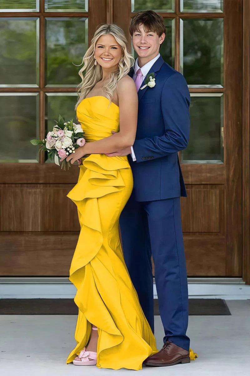 Gorgeous Mermaid Strapless Pink Long Prom Dress With Split Front Ruched Formal Evening Gown