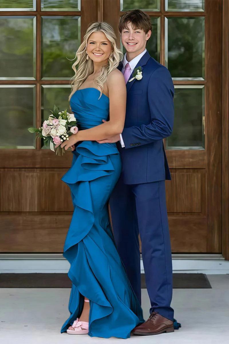 Gorgeous Mermaid Strapless Pink Long Prom Dress With Split Front Ruched Formal Evening Gown