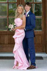Gorgeous Mermaid Strapless Pink Long Prom Dress With Split Front Ruched Formal Evening Gown