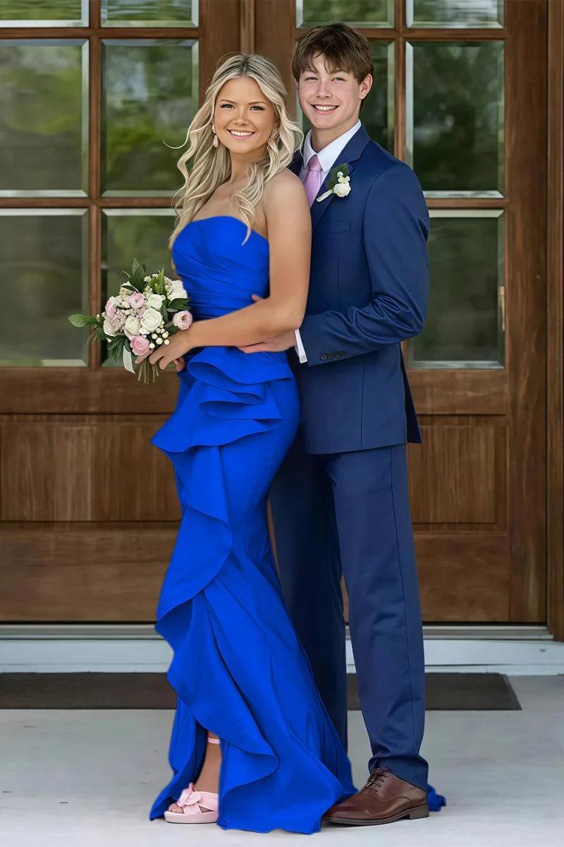 Gorgeous Mermaid Strapless Pink Long Prom Dress With Split Front Ruched Formal Evening Gown