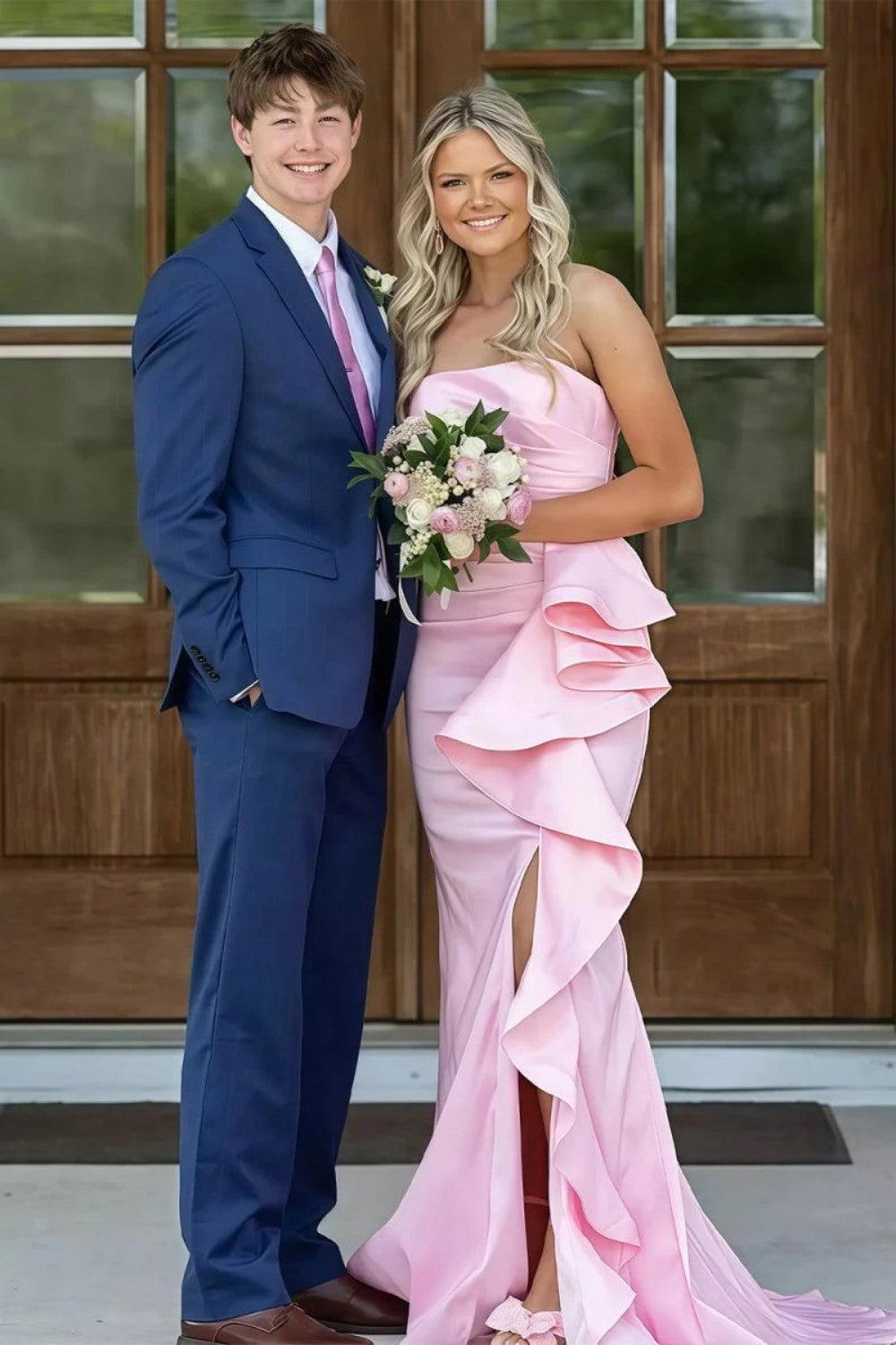 Gorgeous Mermaid Strapless Pink Long Prom Dress With Split Front Ruched Formal Evening Gown