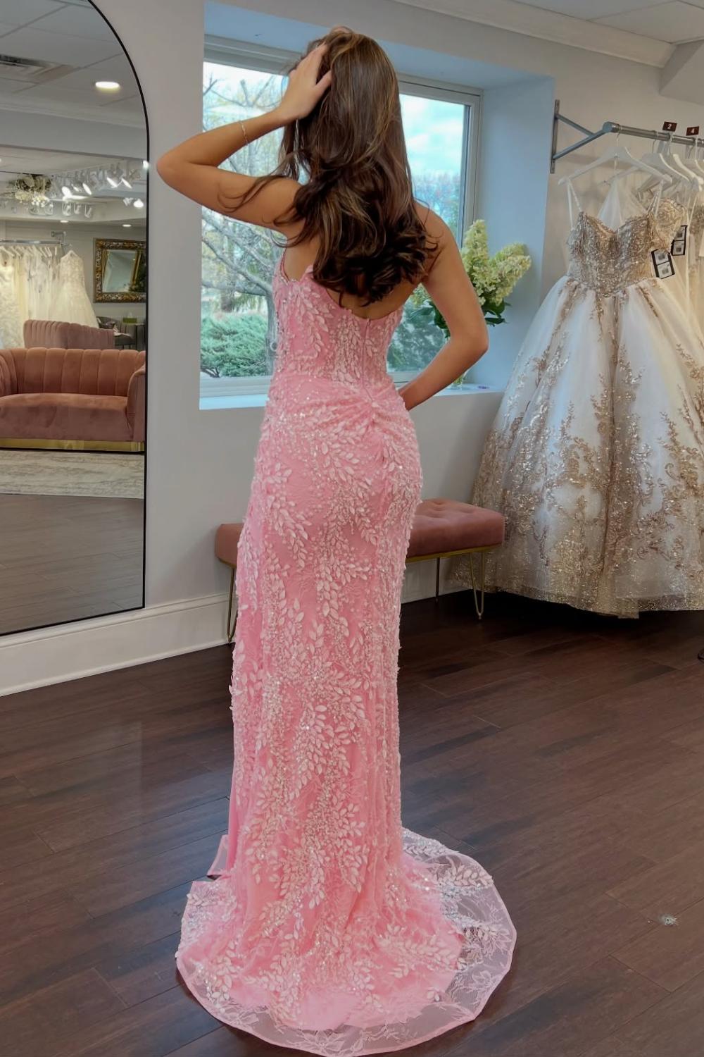 Gorgeous Mermaid Sweetheart Pink Long Prom Dress With Split Front Appliques Formal Evening Gown