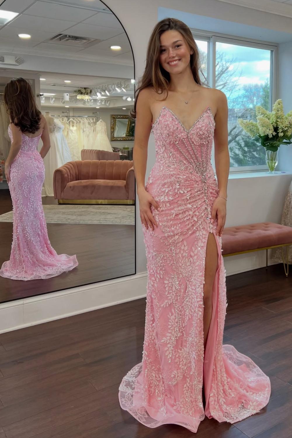 Gorgeous Mermaid Sweetheart Pink Long Prom Dress With Split Front Appliques Formal Evening Gown
