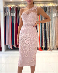 Gorgeous One Shoulder Lace Sheath Formal Dress With Crystal
