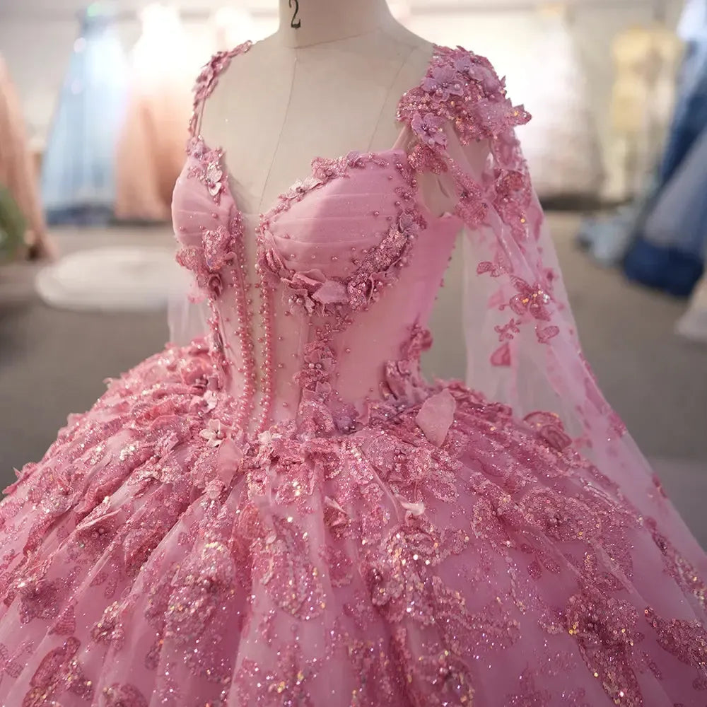 Gorgeous Quinceanera Dress With Cape Pink Color Sexy Appliques Bead Formal 16 Year Party Ball Gown Dress