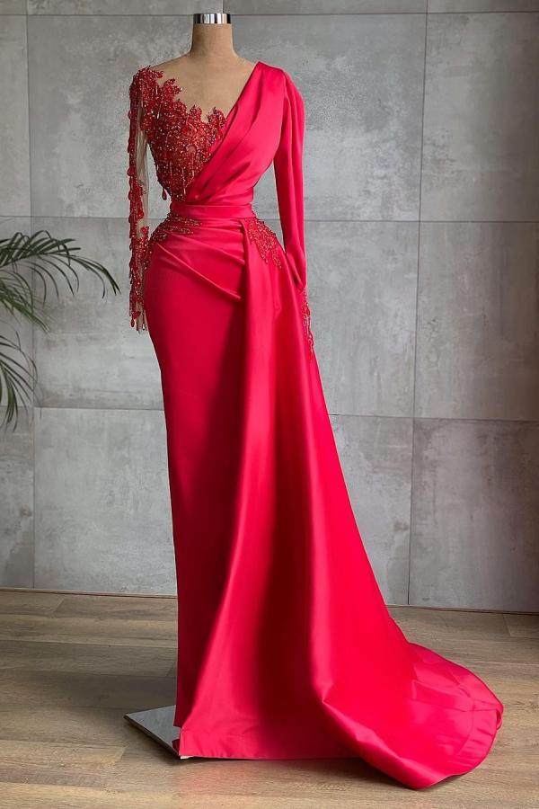 Gorgeous Red Long Sleeve Formal Dress Mermaid Prom Dress with Lace Appliques