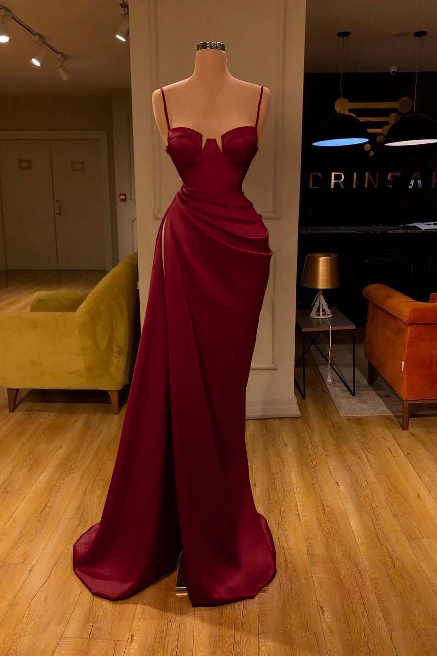 Gorgeous Spaghetti Strap Unique Round Cup High Split Red Prom Dress