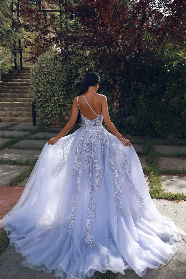 Gorgeous Tulle Sleeveless Appliques Prom Dress Lilac Evening Gowns