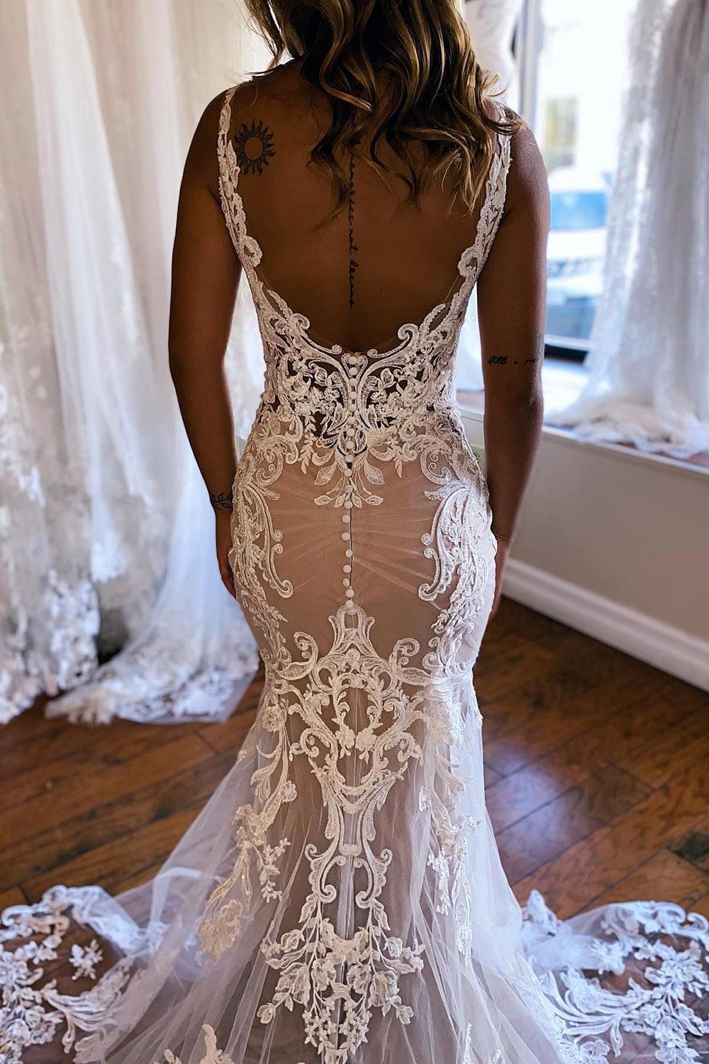 Dreamyannie Women Wedding Dress Gorgeous White and Champagne V Neck Mermaid Lace Bridal Dress Dreamyannie Women Wedding Dress Gorgeous White and Champagne V Neck Mermaid Lace Bridal Dress