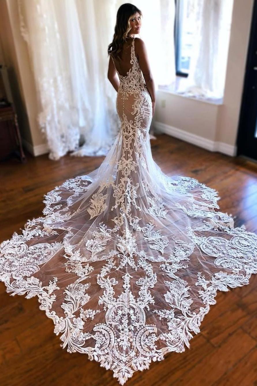 Dreamyannie Women Wedding Dress Gorgeous White and Champagne V Neck Mermaid Lace Bridal Dress Dreamyannie Women Wedding Dress Gorgeous White and Champagne V Neck Mermaid Lace Bridal Dress