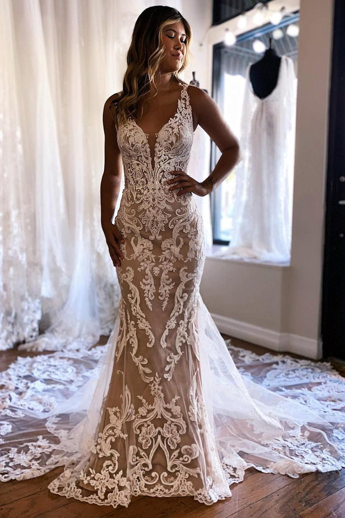 V Neck Lace Mermaid Wedding Dress | Ivory & Champagne Bridal Gown