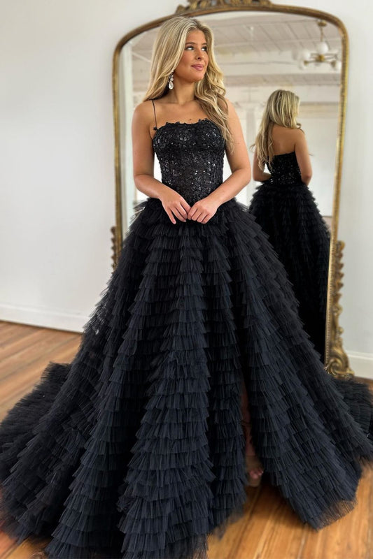 Sparkly A-Line Black Spaghetti Straps Long Tulle Prom Dress with Slit