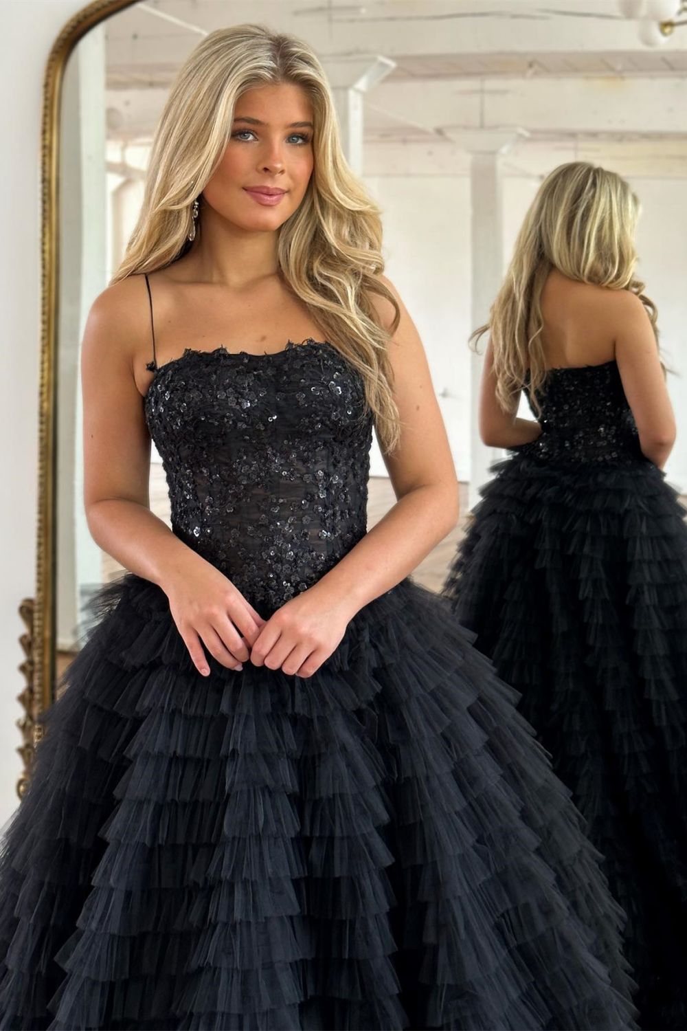 Sparkly A-Line Black Spaghetti Straps Long Tulle Prom Dress with Slit