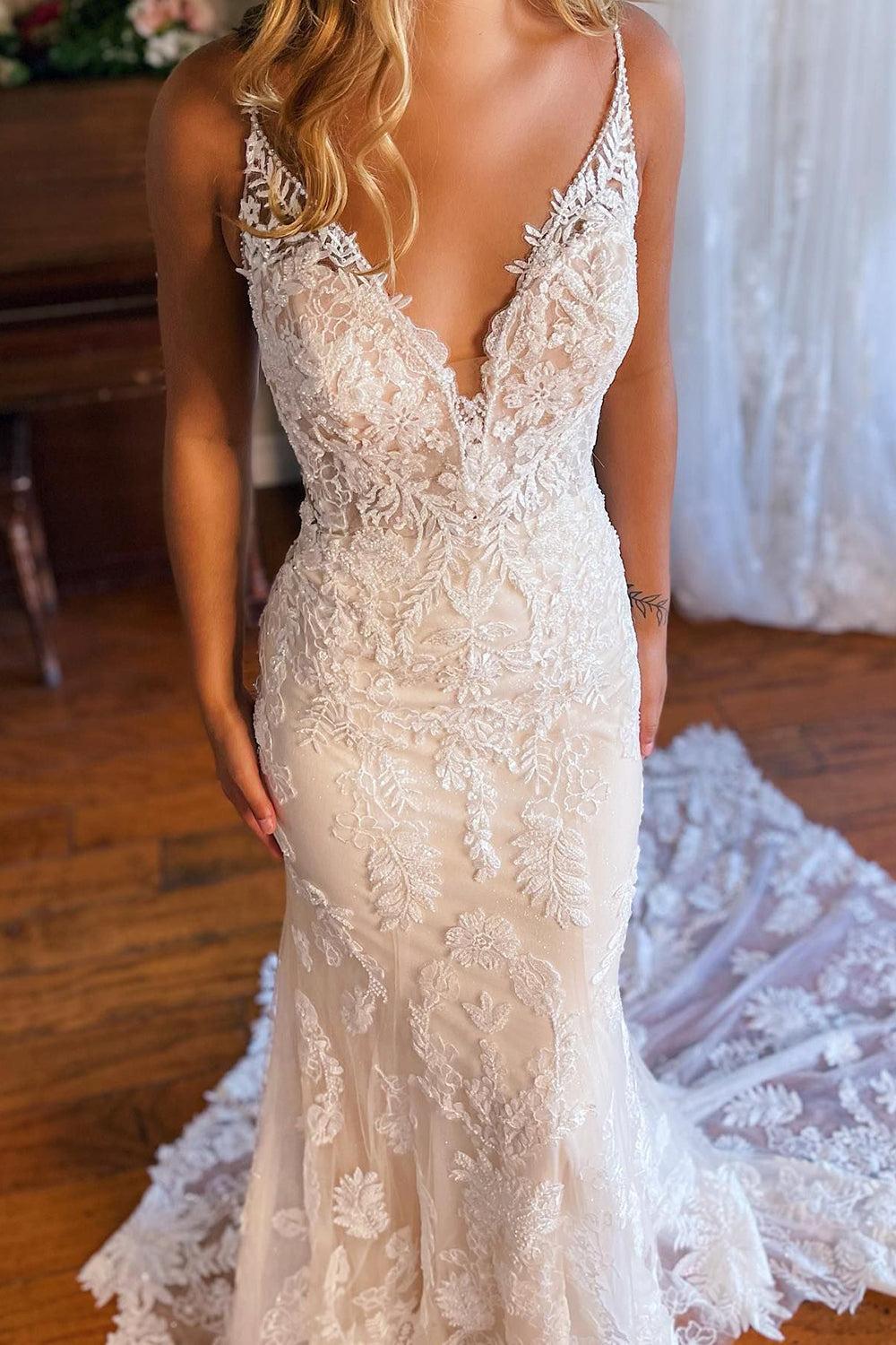 Dreamyannie Women Wedding Dress Graceful Ivory Mermaid Open Back Long Lace Bridal Dress Dreamyannie Women Wedding Dress Graceful Ivory Mermaid Open Back Long Lace Bridal Dress