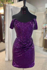 Grape Detachable Off the Shoulder Sequin Tight Prom Dress