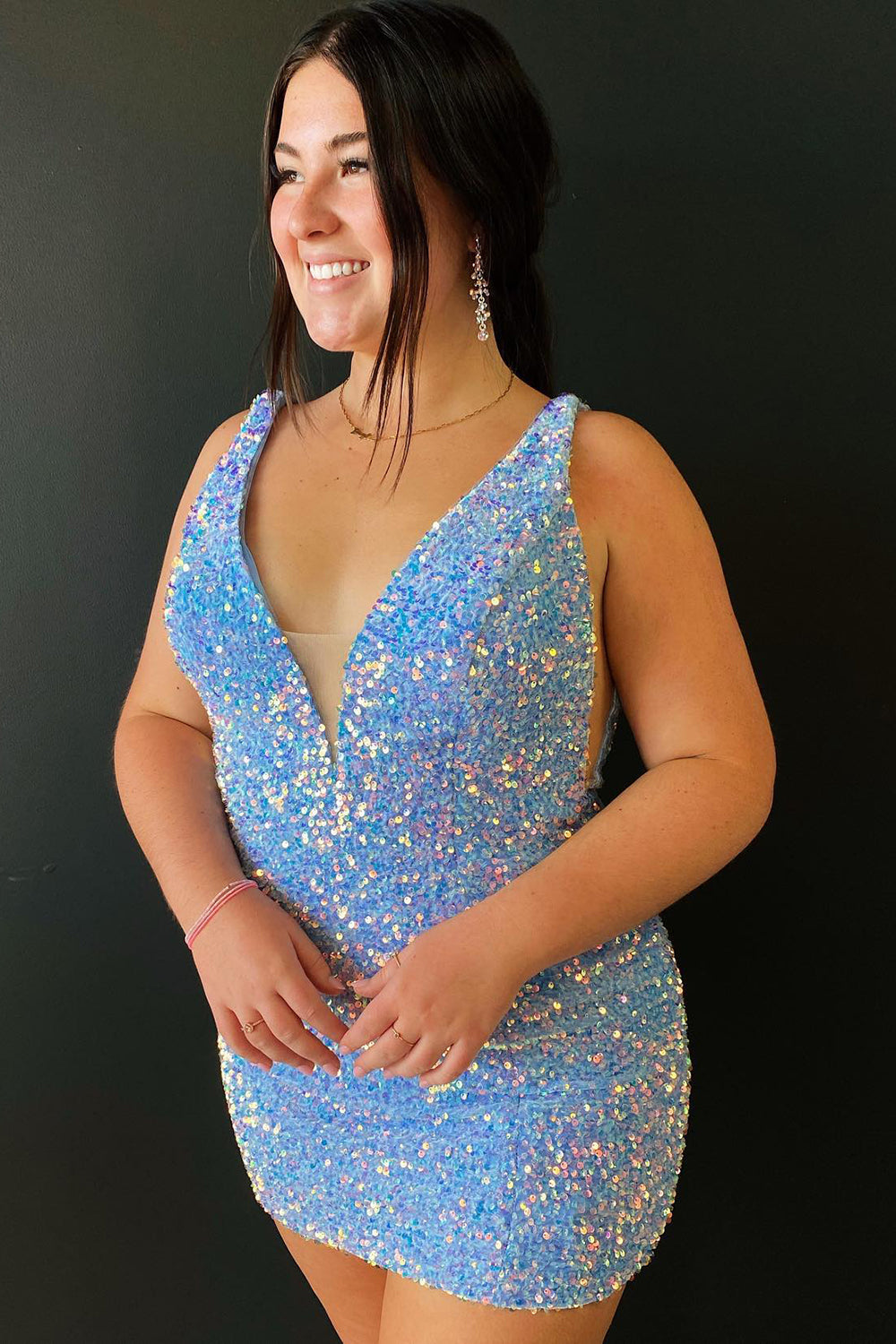 Grape Sequin Cocktail Party Dresses with Open Back