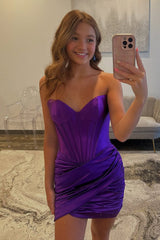 Grape Sweetheart Tight Homecoming Dresses Ruched Short Corset Cocktail Dresses