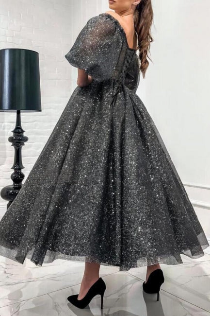 Gray A Line Off The Shoulder Sequined Formal Dress With Short Sleeves