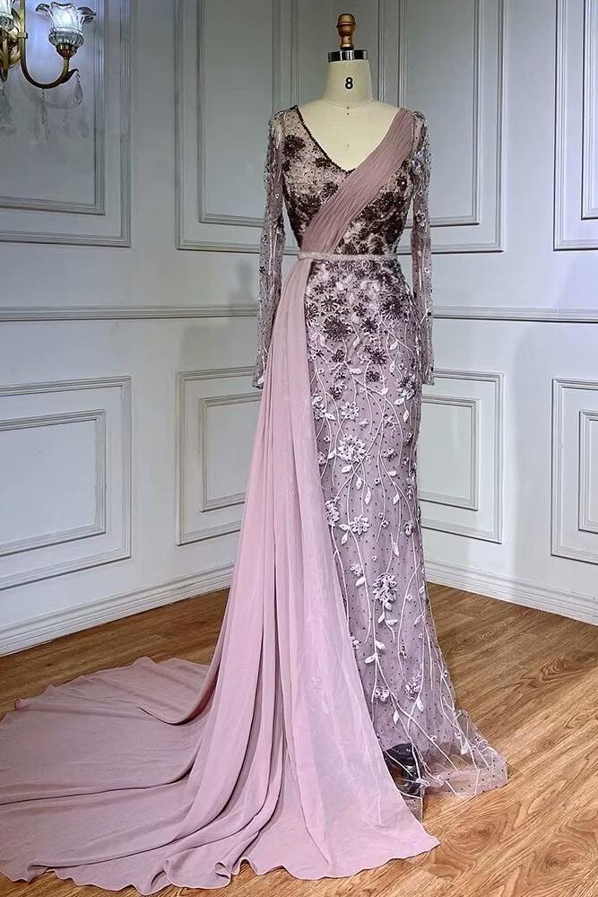 Gray Mermaid Prom Dress Long Sleeve V Neck Formal Dress With 3D Flowers