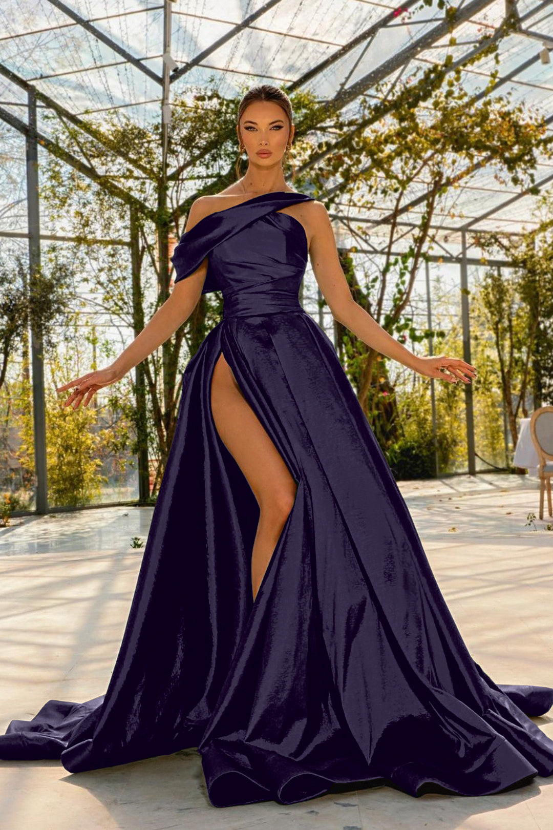 Green A Line Prom Dress Asymmetric Neck Satin Formal Dress