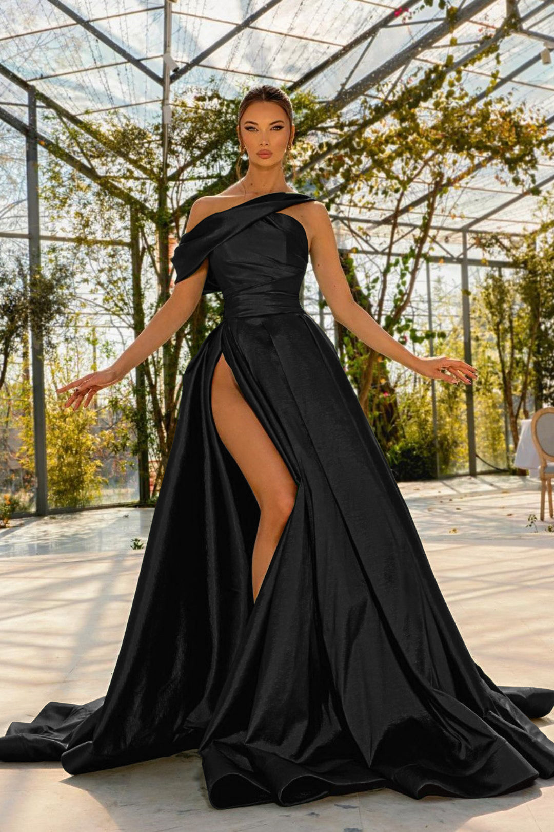 Green A Line Prom Dress Asymmetric Neck Satin Formal Dress