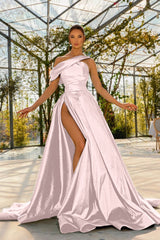 Green A Line Prom Dress Asymmetric Neck Satin Formal Dress