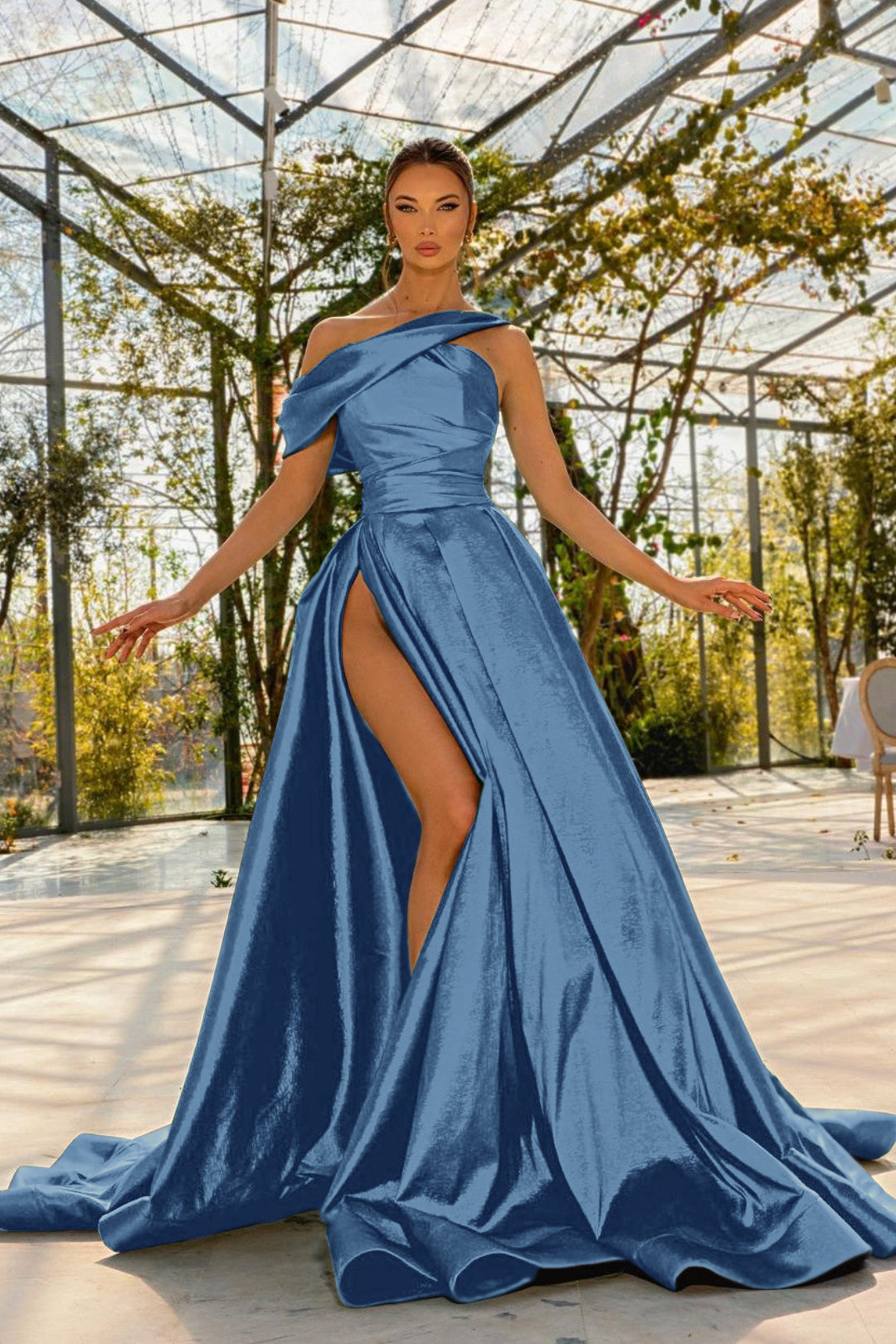 Green A Line Prom Dress Asymmetric Neck Satin Formal Dress