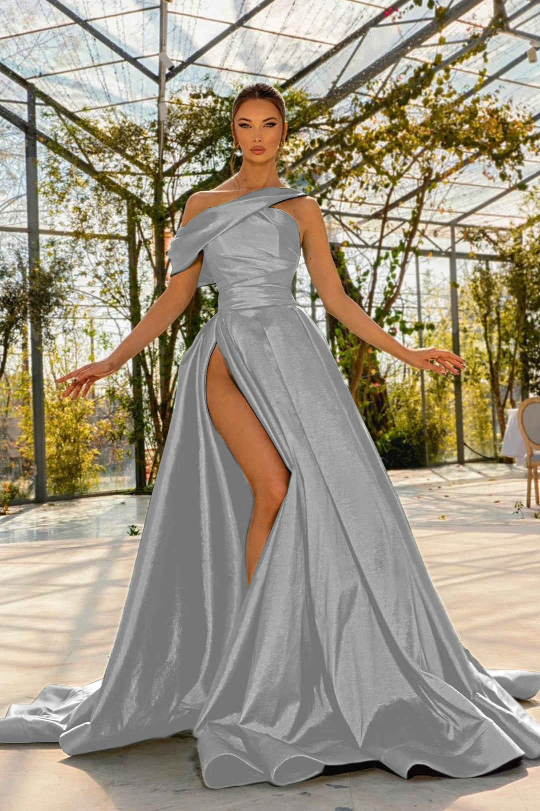 Green A Line Prom Dress Asymmetric Neck Satin Formal Dress