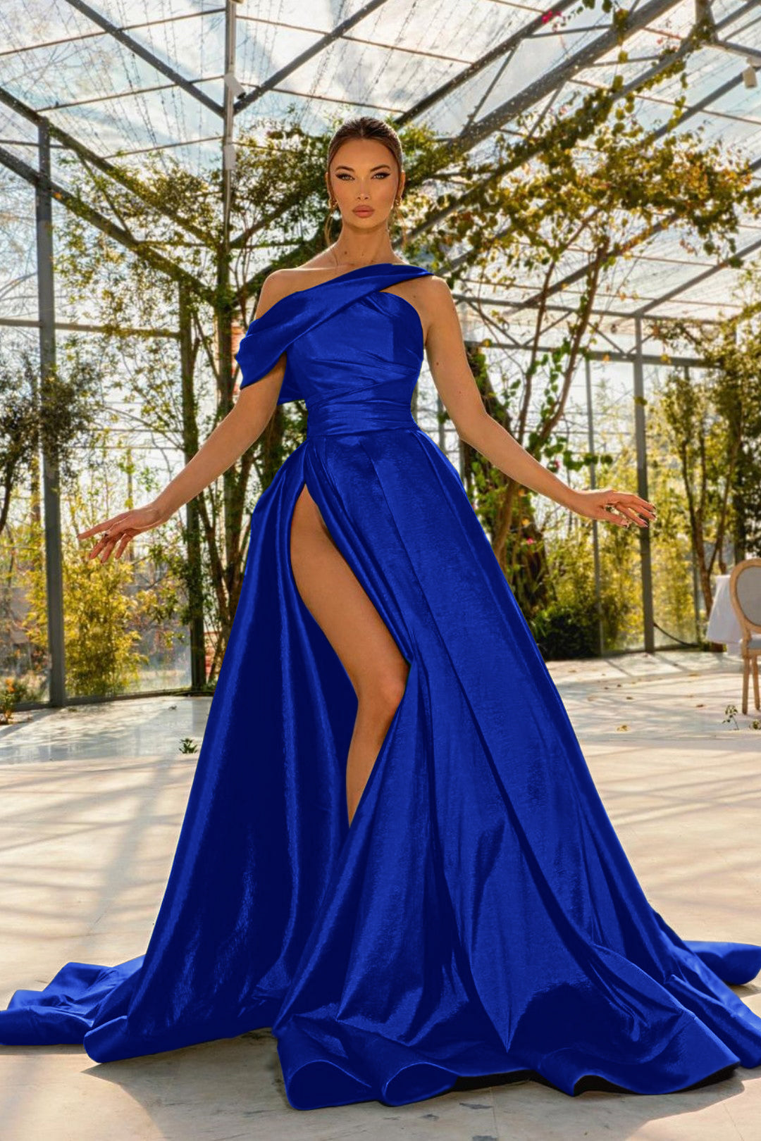 Green A Line Prom Dress Asymmetric Neck Satin Formal Dress