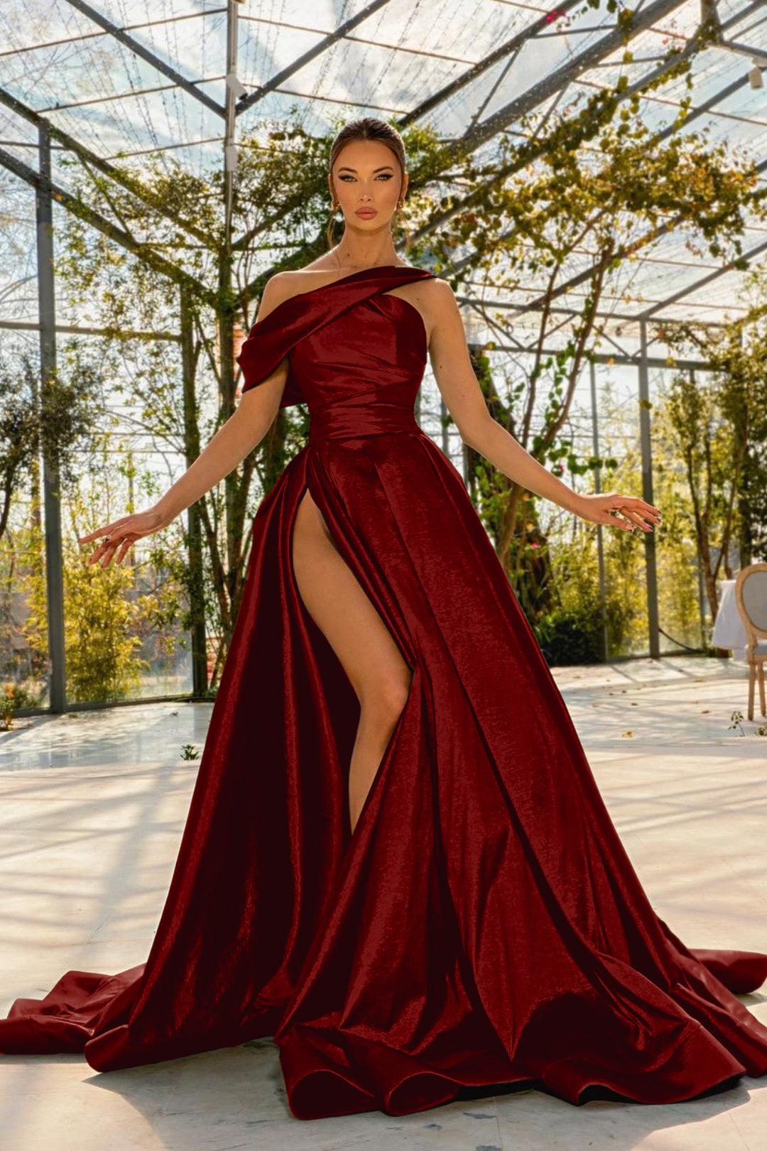 Green A Line Prom Dress Asymmetric Neck Satin Formal Dress