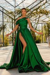 Green A Line Prom Dress Asymmetric Neck Satin Formal Dress