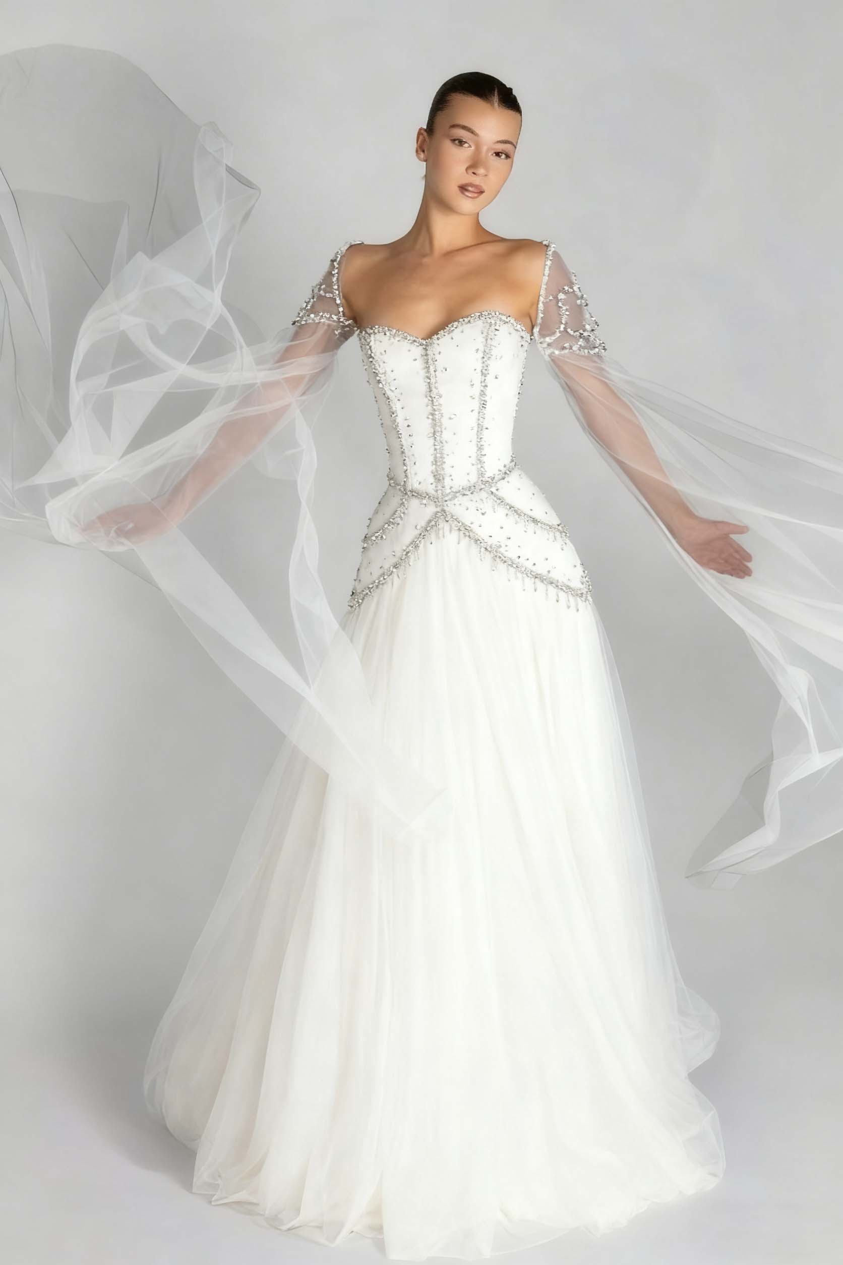 Green A Line Prom Dress Long Sleeve Sweetheart Beaded Formal Dress