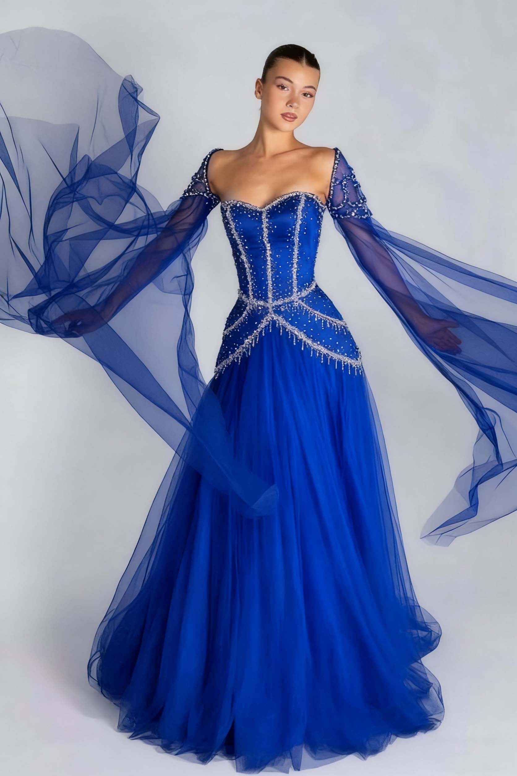 Green A Line Prom Dress Long Sleeve Sweetheart Beaded Formal Dress