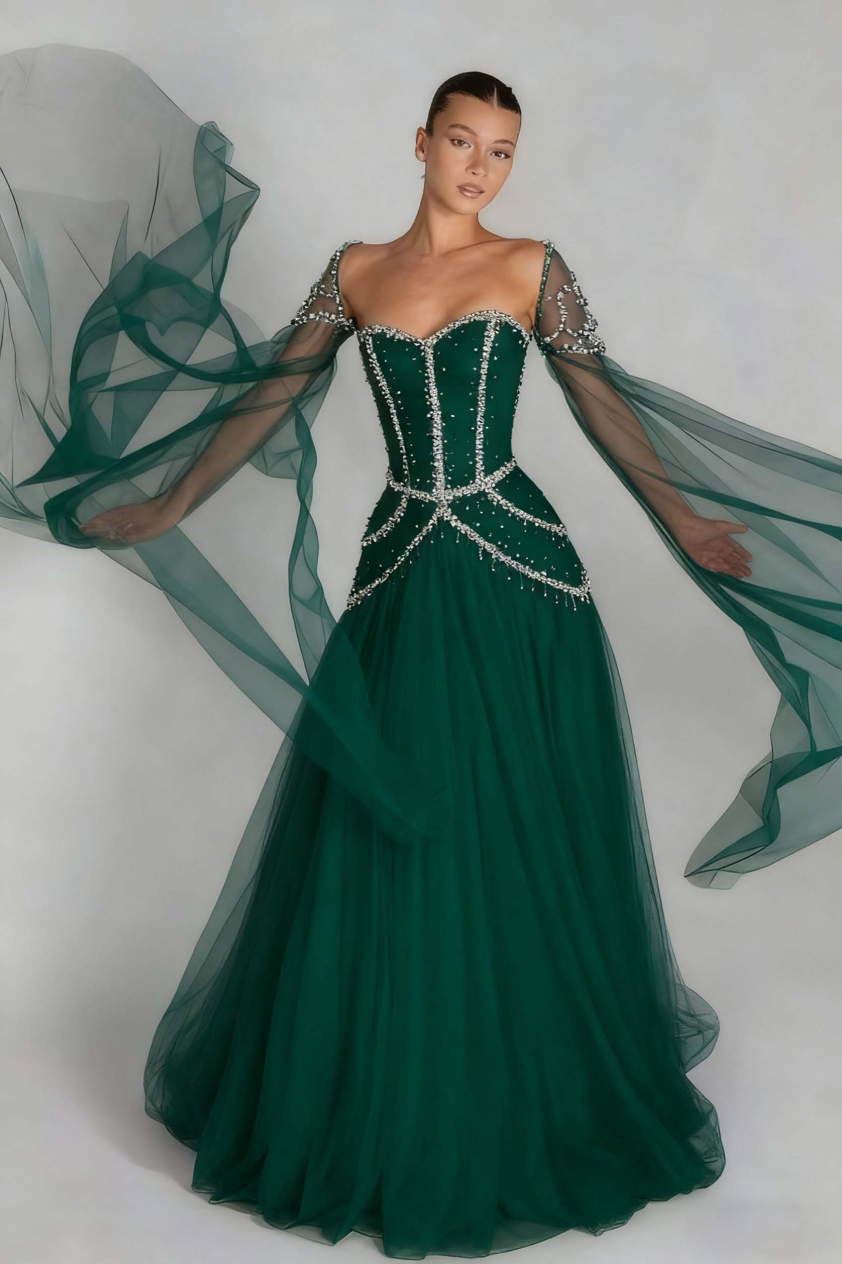 Green A Line Prom Dress Long Sleeve Sweetheart Beaded Formal Dress