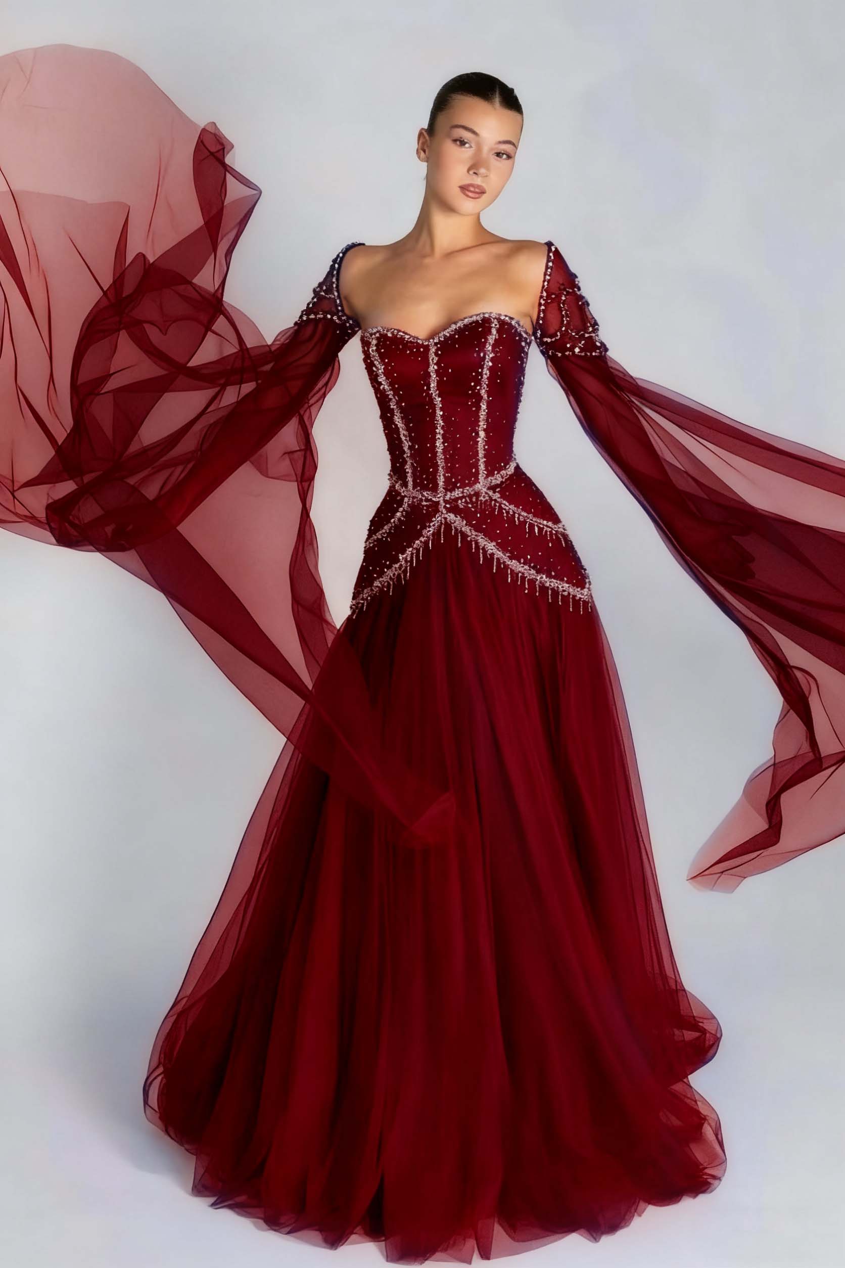 Green A Line Prom Dress Long Sleeve Sweetheart Beaded Formal Dress