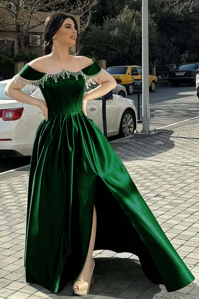 Green A Line Prom Dress Off the Shoulder Beaded Formal Dress