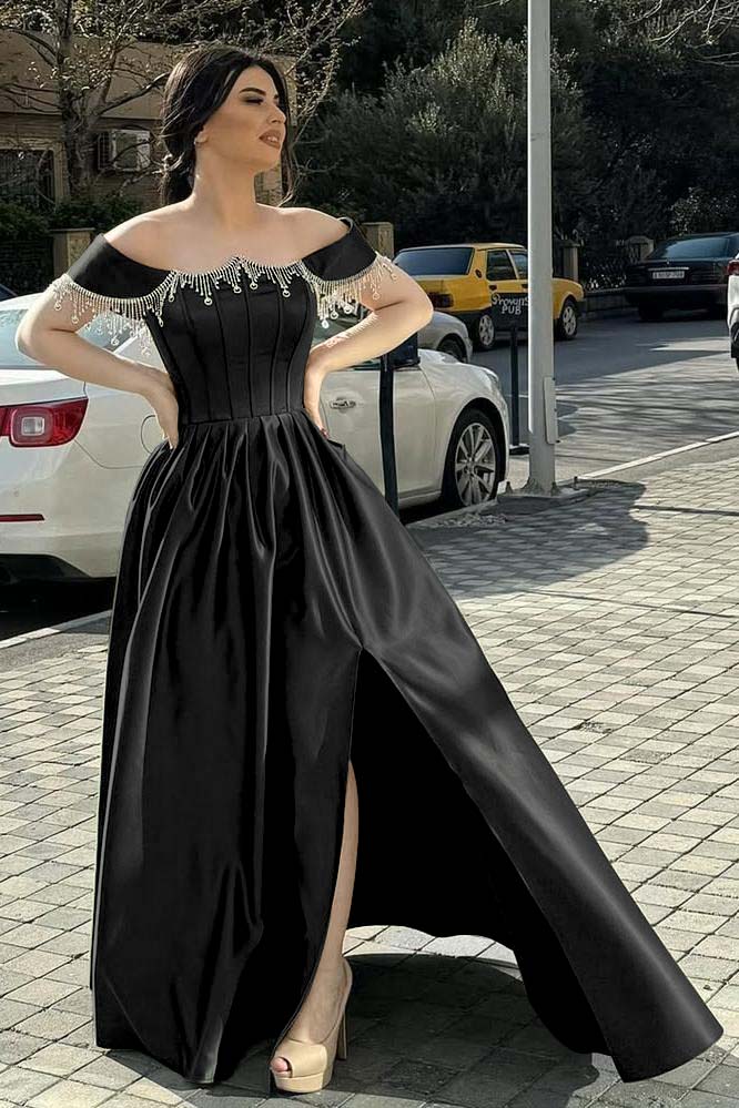 Green A Line Prom Dress Off the Shoulder Beaded Formal Dress