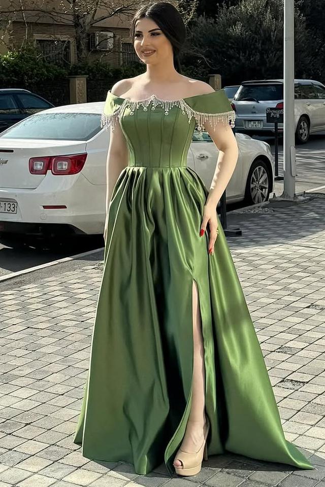 Green A Line Prom Dress Off the Shoulder Beaded Formal Dress